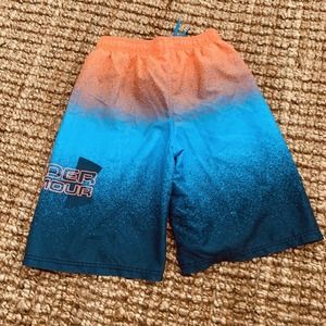 Under Armour Youth Boys YXL Swim Trunks Orange Blue Print Drawstring Longer